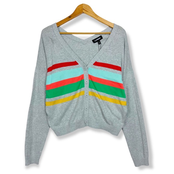 Express Varsity Striped Slouchy V Neck Button Down Rainbow Gray Knit Cardigan - Picture 11 of 11